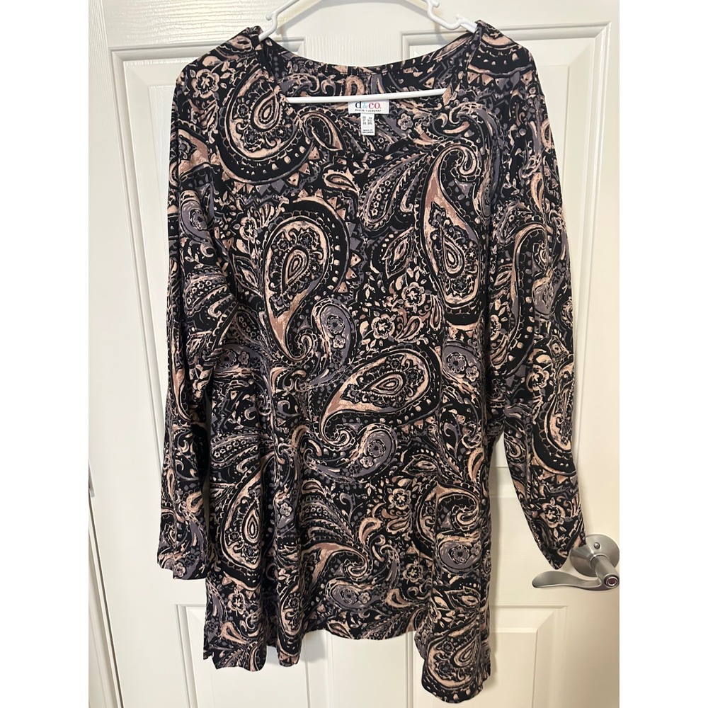 Denim & Co Tunic Women 2X Black Paisley Long Sleeve Scoop Neck Cotton Blend Top